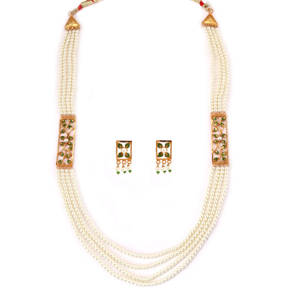 Leaf Motive White Beads Long Necklace